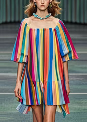 Beautiful Rainbow Square Colla Striped Chiffon Tea Dress Summer