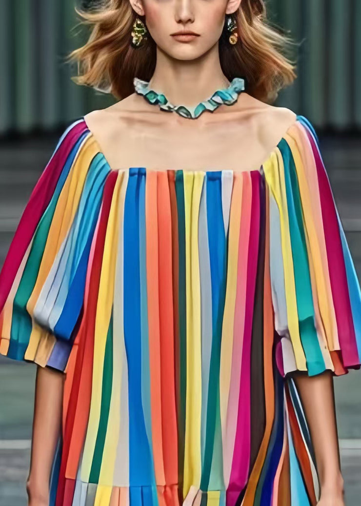 Beautiful Rainbow Square Colla Striped Chiffon Tea Dress Summer