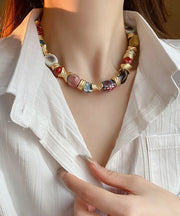 Beautiful Rainbow Sterling Silver Overgild Ceramic Beads Collar Necklace