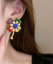 Beautiful Rainbow Sterling Silver Overgild Pearl Floral Stud Earrings