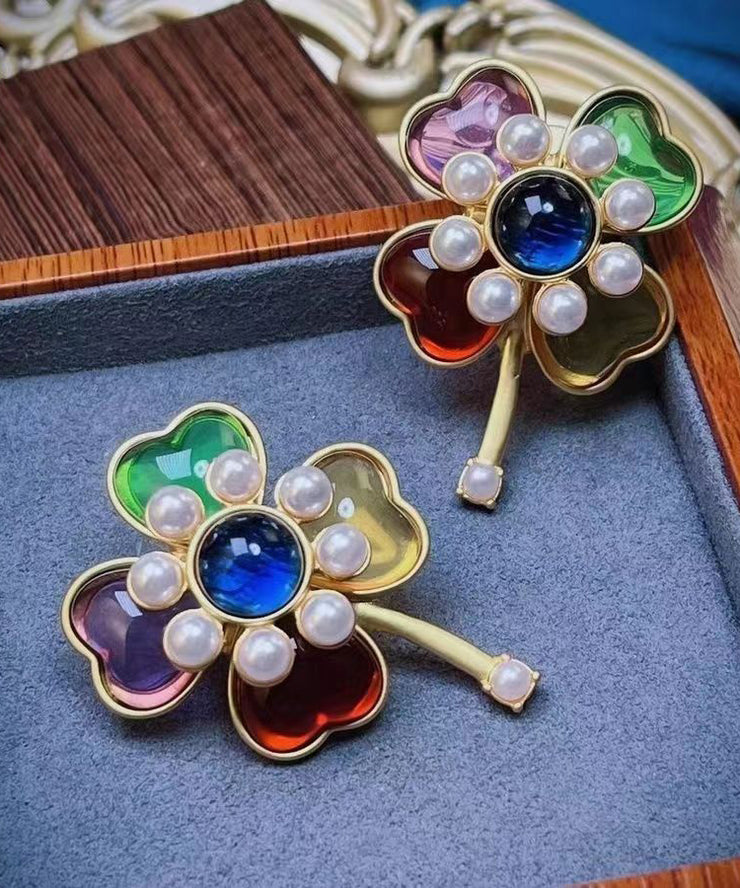 Beautiful Rainbow Sterling Silver Overgild Pearl Floral Stud Earrings