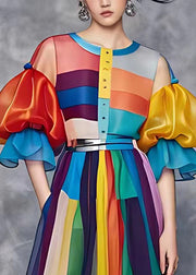 Beautiful Rainbow Tie Waist Vacation Chiffon Long Dresses Summer