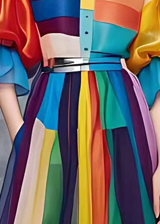 Beautiful Rainbow Tie Waist Vacation Chiffon Long Dresses Summer