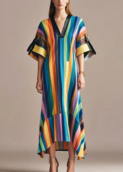 Beautiful Rainbow V Neck Striped Cotton Long Dress Summer