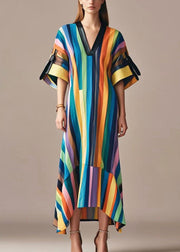 Beautiful Rainbow V Neck Striped Cotton Long Dress Summer