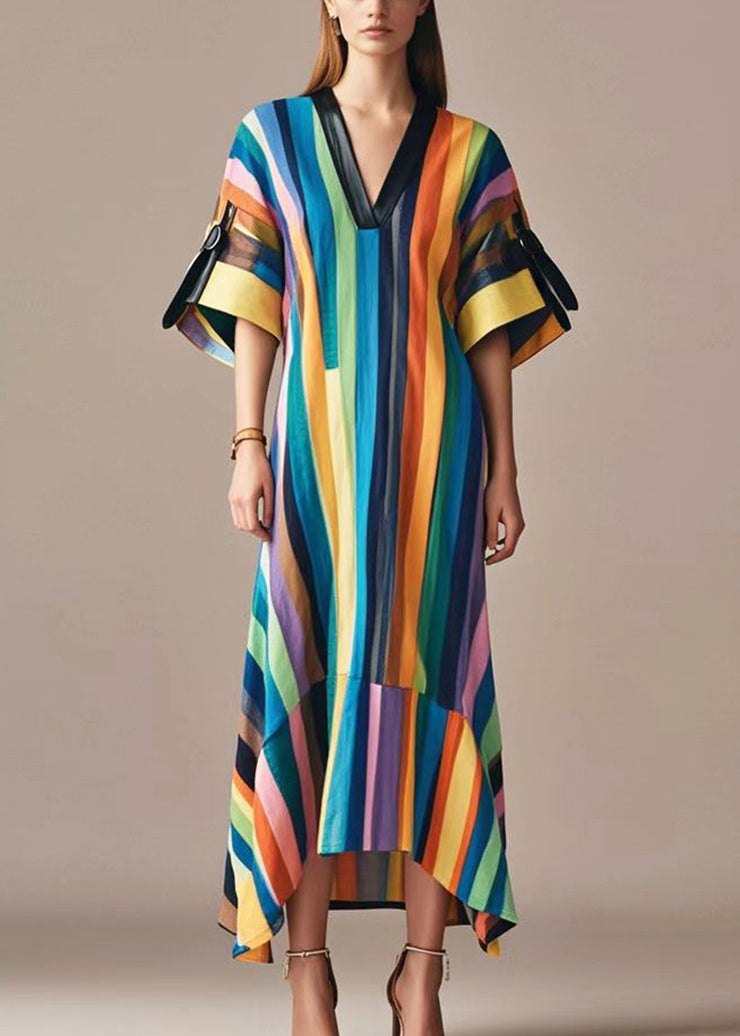 Beautiful Rainbow V Neck Striped Cotton Long Dress Summer