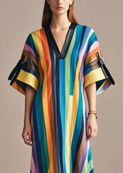 Beautiful Rainbow V Neck Striped Cotton Long Dress Summer