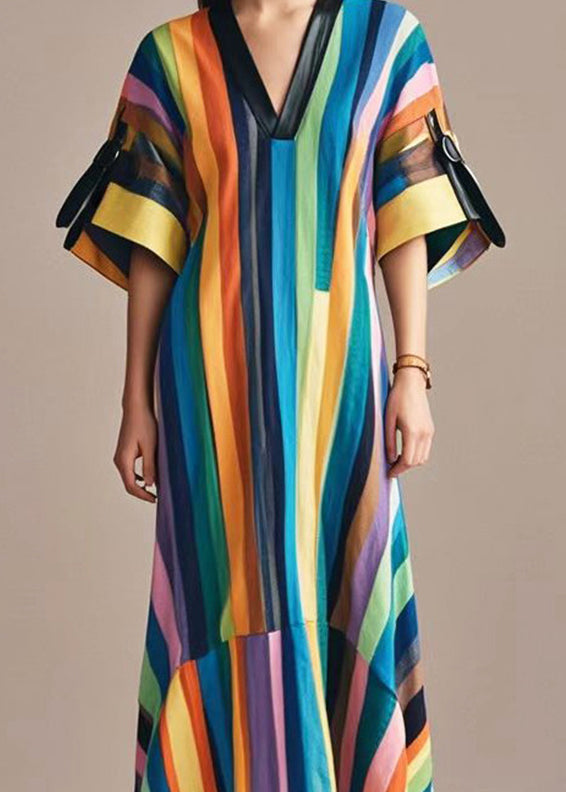 Beautiful Rainbow V Neck Striped Cotton Long Dress Summer