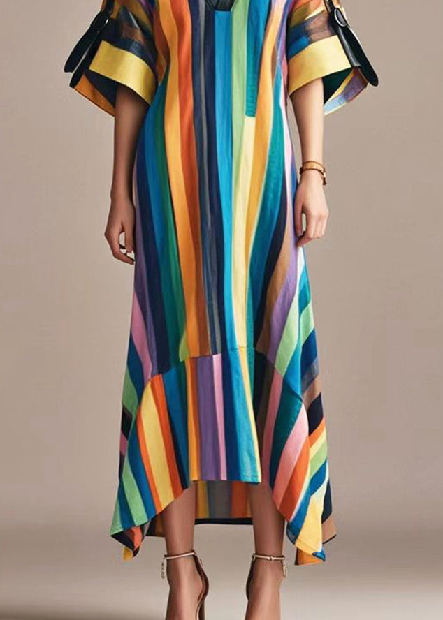 Beautiful Rainbow V Neck Striped Cotton Long Dress Summer