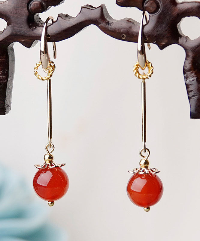 Beautiful Red Agate Original Design 14K Gold Drop Earrings