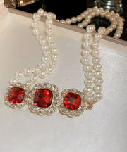 Beautiful Red Alloy Zircon Bilayer Pearl Gratuated Bead Necklace