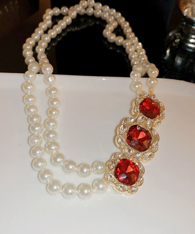 Beautiful Red Alloy Zircon Bilayer Pearl Gratuated Bead Necklace