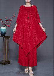 Beautiful Red Asymmetrical Oversized Silk Two Pieces Set Summer