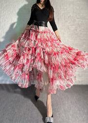 Beautiful Red Asymmetrical Print Chiffon Skirt Spring