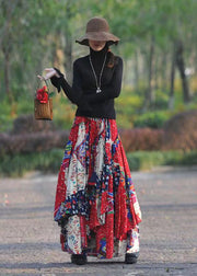 Beautiful Red Asymmetrical Print Exra Large Hem Linen Skirt Spring