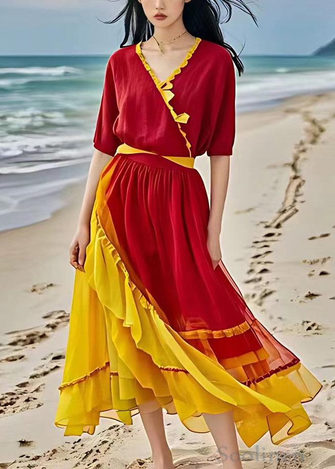 Beautiful Red Asymmetrical Ruffled Patchwork Chiffon Dress Summer