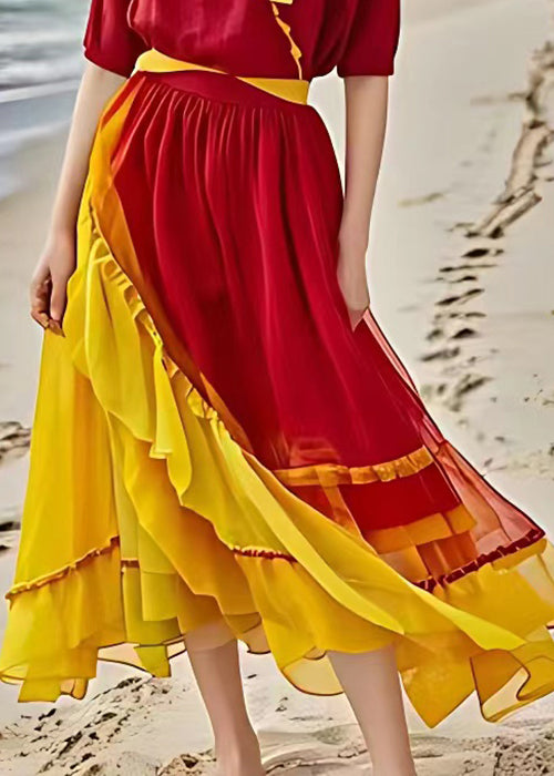 Beautiful Red Asymmetrical Ruffled Patchwork Chiffon Dress Summer