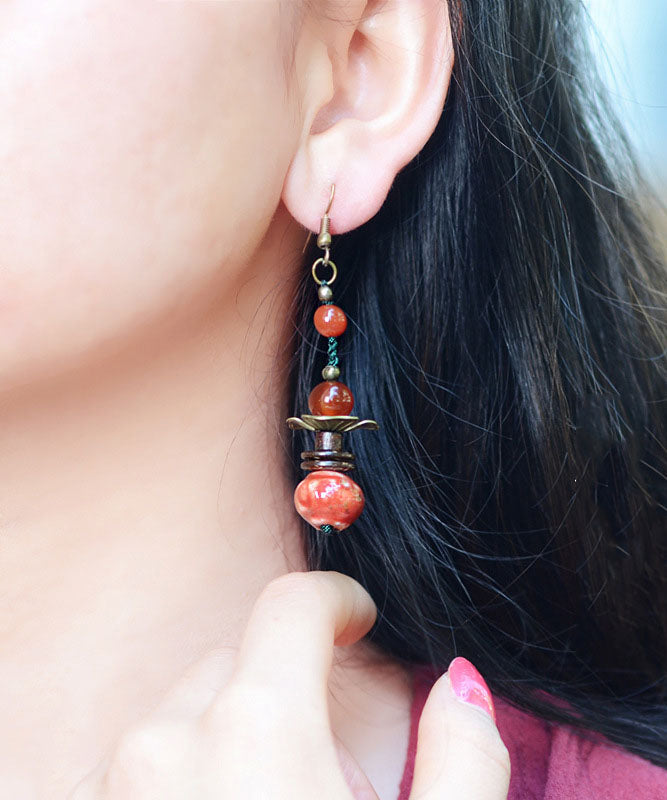 Beautiful Red Ceramics Original Design Copper Drop Earrings