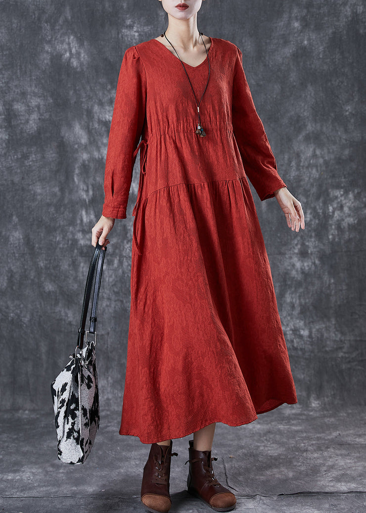 Beautiful Red Cinched Patchwork Linen Dresses Fall