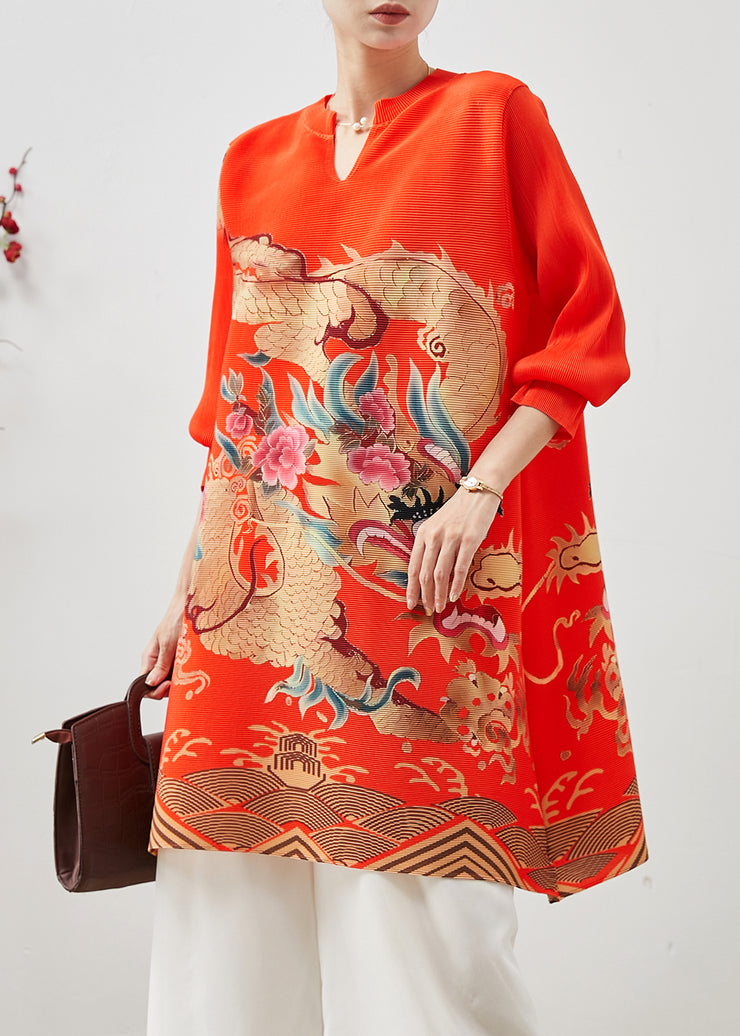 Beautiful Red Dragon Print Cotton Short Dress Spring