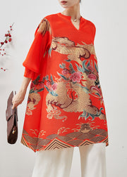 Beautiful Red Dragon Print Cotton Short Dress Spring