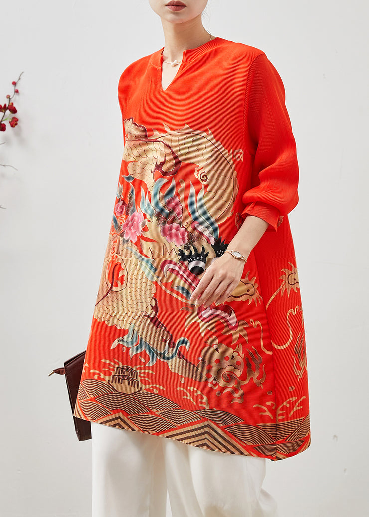 Beautiful Red Dragon Print Cotton Short Dress Spring