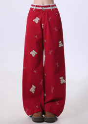 Beautiful Red Embroidered Patchwork Denim Pants Spring