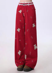 Beautiful Red Embroidered Patchwork Denim Pants Spring