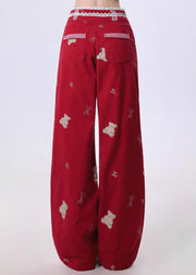 Beautiful Red Embroidered Patchwork Denim Pants Spring