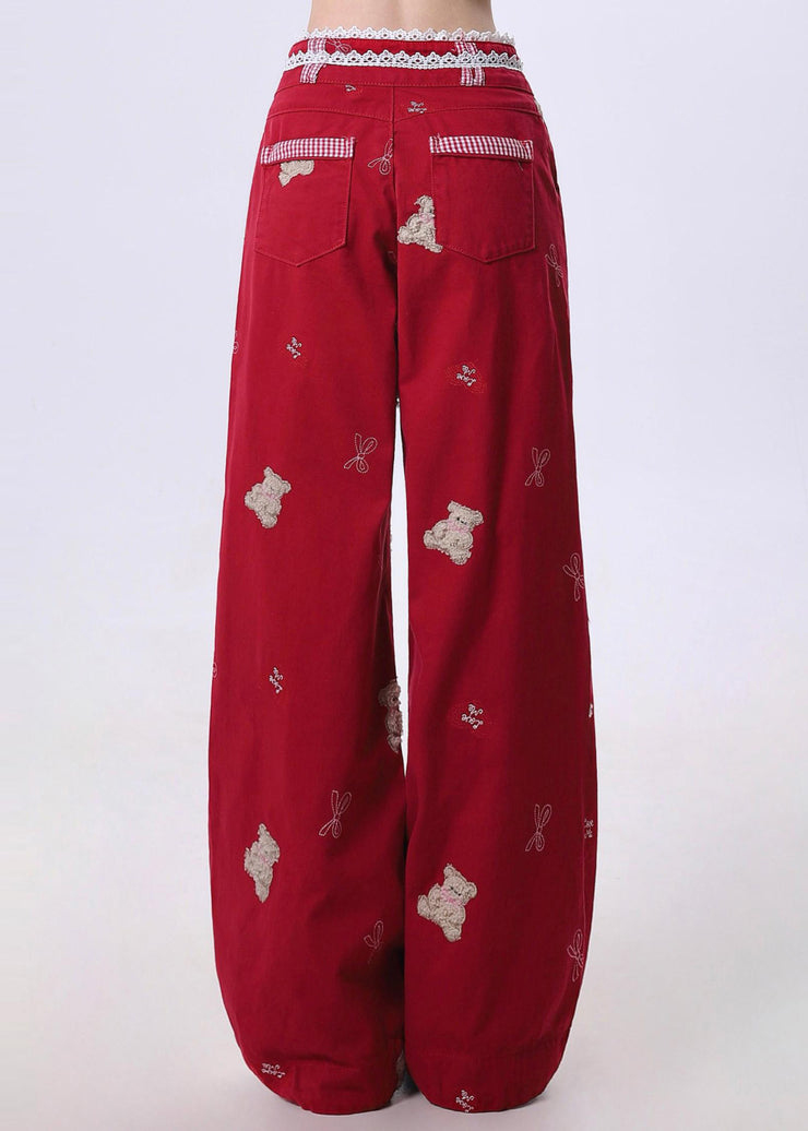 Beautiful Red Embroidered Patchwork Denim Pants Spring