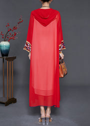 Beautiful Red Embroidered Side Open Chiffon Hooded Cardigan Summer