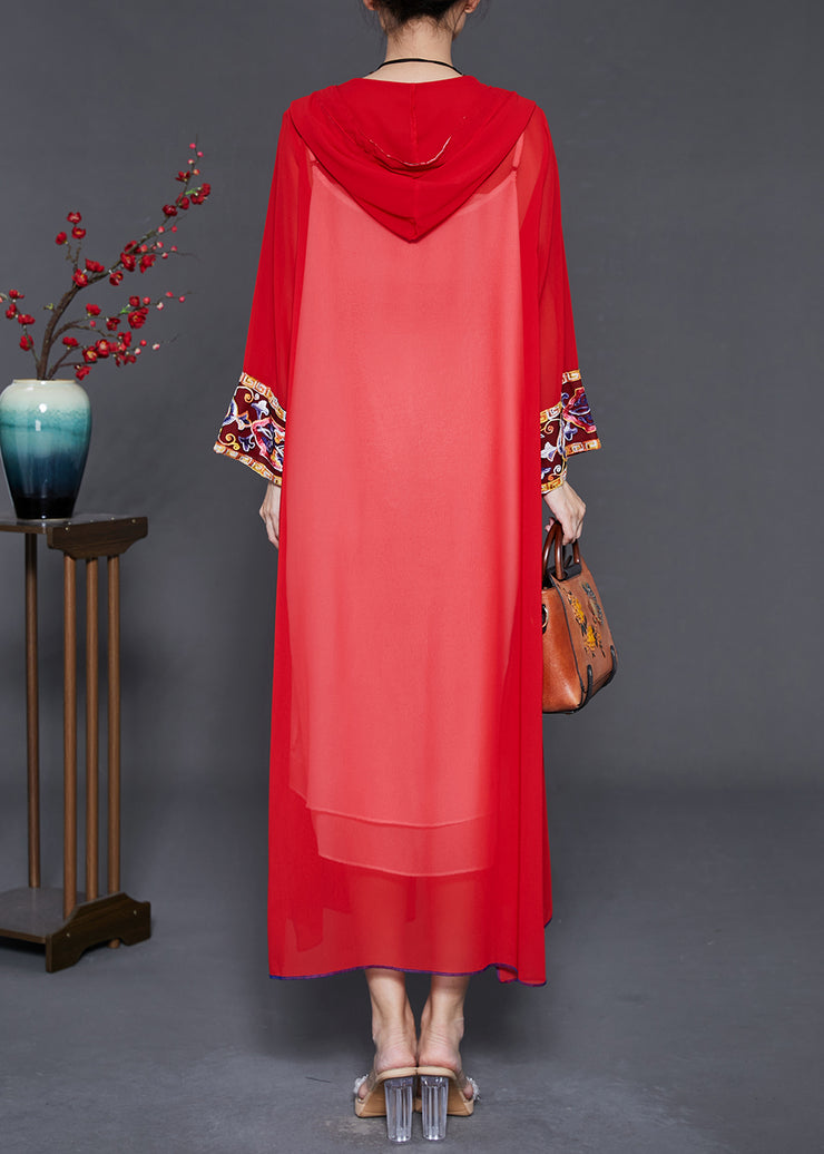 Beautiful Red Embroidered Side Open Chiffon Hooded Cardigan Summer