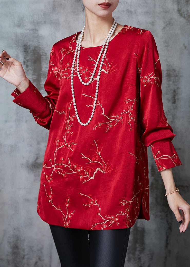 Beautiful Red Embroidered Silk Blouses Fall