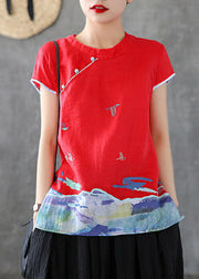 Beautiful Red Embroideried Chinese Button Cotton Tank Short Sleeve