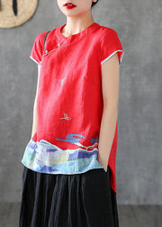 Beautiful Red Embroideried Chinese Button Cotton Tank Short Sleeve