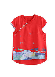 Beautiful Red Embroideried Chinese Button Cotton Tank Short Sleeve