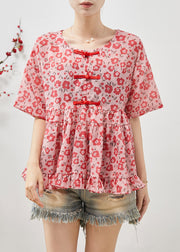 Beautiful Red Floral Cotton Blouses Chinese Button Summer