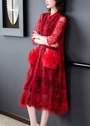 Beautiful Red Floral Hollow Out Solid Tulle Long Coat Half Sleeve