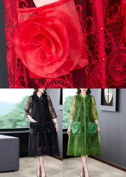 Beautiful Red Floral Hollow Out Solid Tulle Long Coat Half Sleeve