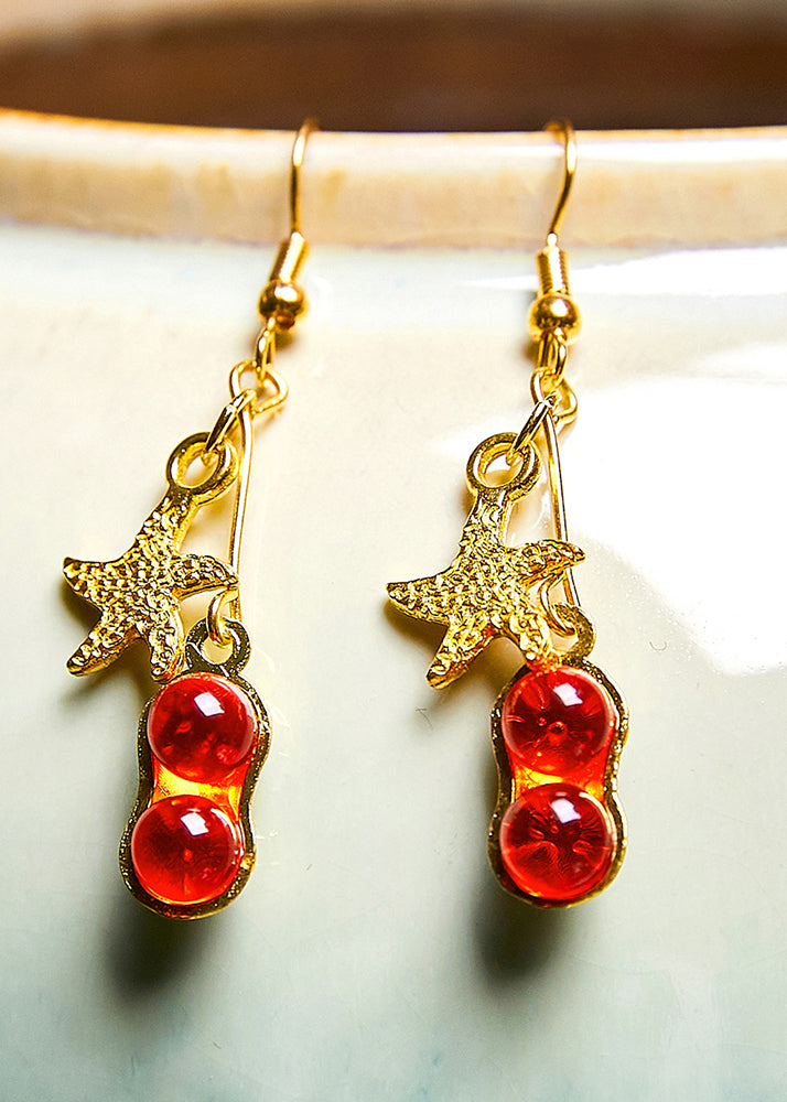 Beautiful Red Gem Stone Starfish 14K Gold Drop Earrings