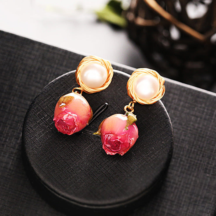 Beautiful Red Gradient Color Sterling Silver Alloy Pearl Rose Drip Oil Drop Earrings