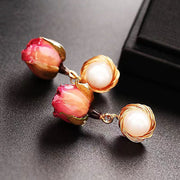 Beautiful Red Gradient Color Sterling Silver Alloy Pearl Rose Drip Oil Drop Earrings