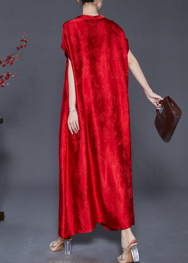 Beautiful Red Jacquard Silk Robe Dresses Oversized Summer