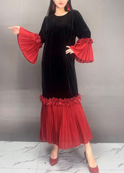 Beautiful Red O Neck Chiffon Patchwork Velvet Dresses Flare Sleeve