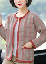 Beautiful Red O-Neck Pockets Plaid Knit Coat Long Sleeve