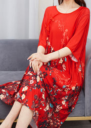 Beautiful Red O Neck Print Chinese Button Patchwork Chiffon Dress Summer