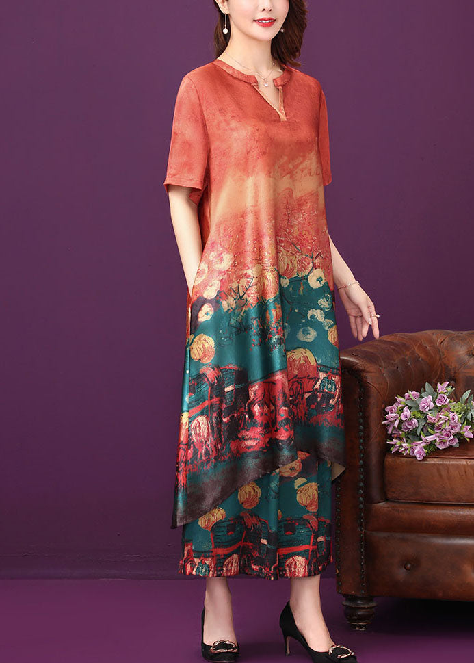 Beautiful Red O-Neck Print Silk Long Dress And Straight Pant Two Piece Set Summer