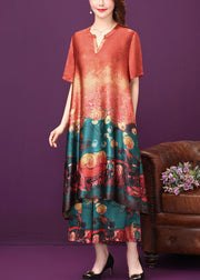 Beautiful Red O-Neck Print Silk Long Dress And Straight Pant Two Piece Set Summer