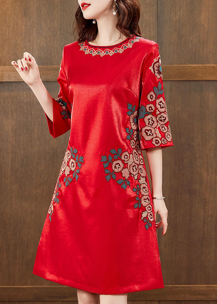 Beautiful Red O-Neck Print Silk Mid Dress Half Sleeve