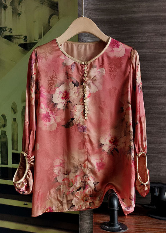 Beautiful Red O Neck Print Silk Tops Lantern Sleeve